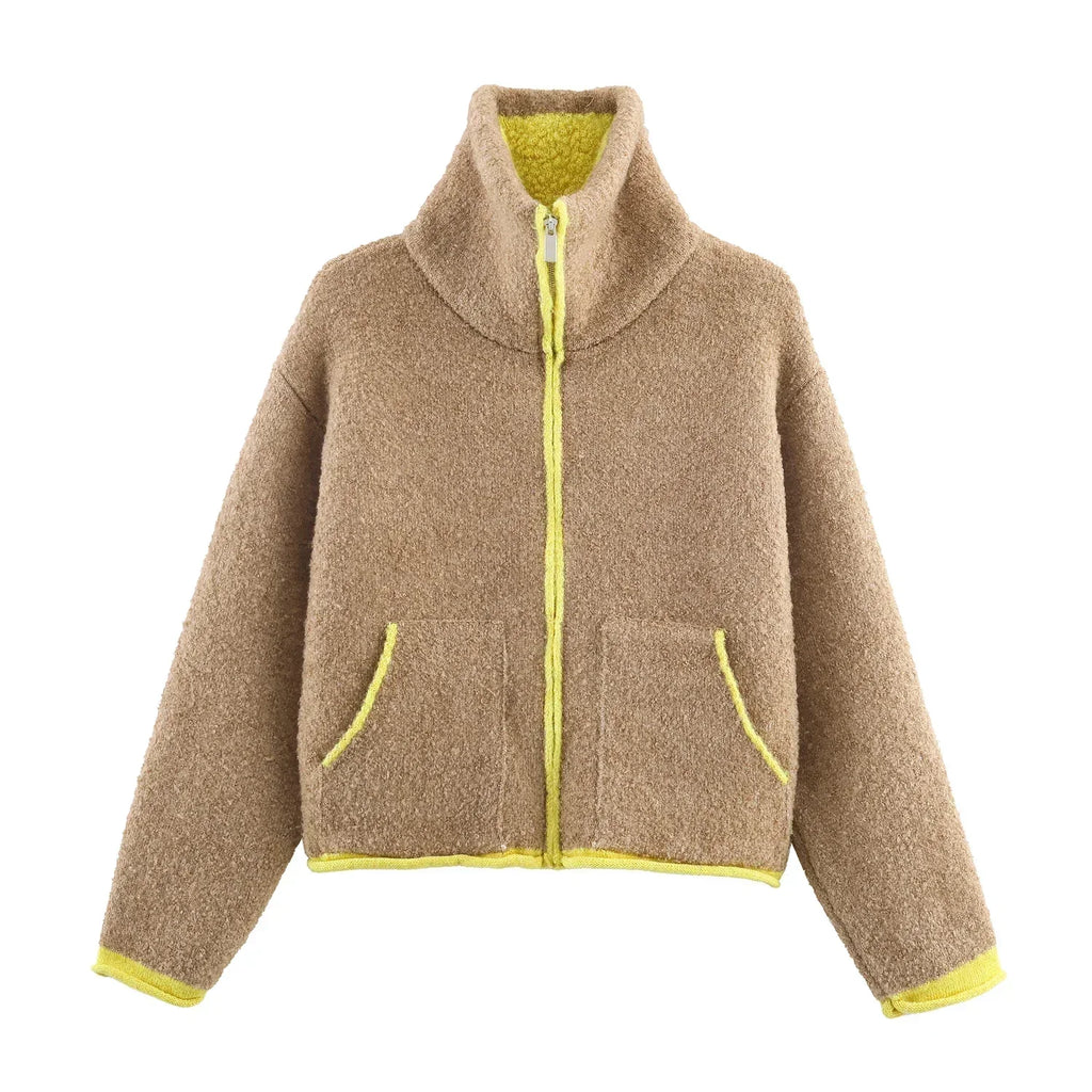 Veste cardigan courte en maille Teddy bicolor avec zip